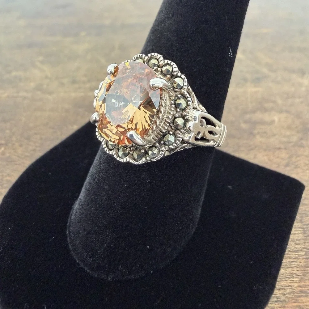 Sterling Silver Ring Oval‎ Orange CZ Marcasite Accent Oxidized Finish Size 8.75